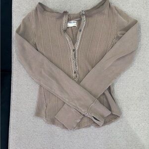 Free People Ribbed Henley Long Sleeve Top in Taupe